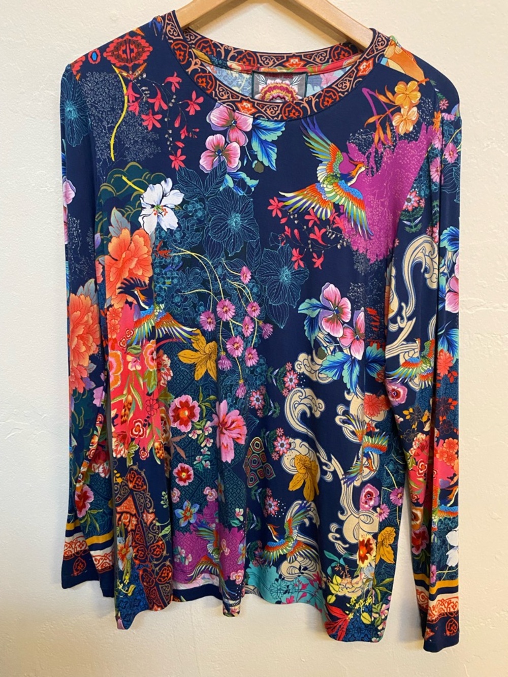 Johnny Was Bird and Floral Print Long Sleeve Top – Size Large Boho Luxe